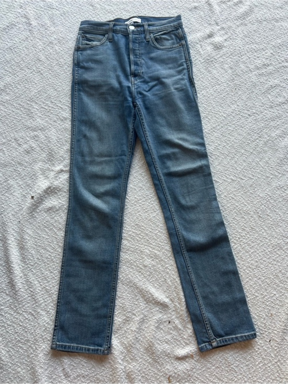 RE/DONE High Rise Double Needle Long Jeans 26 Hazey Indigo Blue Straight Leg